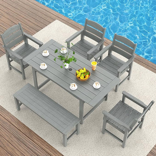 6-Piece HIPS Patio Dining Set, Outdoor Dining Table and Chairs Set with Umbrella Hole, Weatherproof Dining Table Set for 6 Person, Patio Furniture Set for Outside Deck, Grey