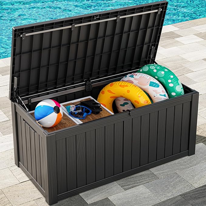 Outdoor Storage Box, Resin Deck Boxes Indoor and outdoor, Waterproof Storage Box Lockable Lid (Black, 120 Gallon)