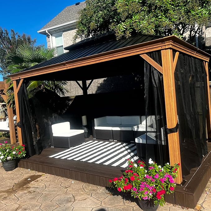 PURPLE LEAF 10' X 14' Outdoor Hardtop Gazebo for Patio Galvanized Steel Double Roof Permanent Canopy Teak Finish Coated Aluminum Frame Pavilion Gazebo with Netting