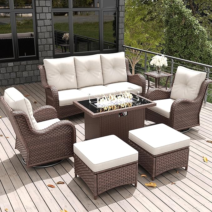 LayinSun 7 Pieces Outdoor Patio Furniture Set with Fire Pit Table, Rattan Wicker Sectional Chairs Sets with Ottomans, Single Chairs and Coffee Table