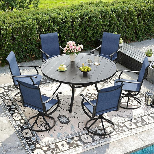 DIFY 7 Pieces Outdoor Patio Dining Set, 6 Blue Textilene Swivel Dining Chairs and 47.2" Black Round Dining Table, Metal Outdoor Table and Chairs