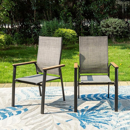 PHI VILLA Outdoor Stackable Chairs, Patio Chairs Set of 2, Light Weight Aluminum Frame with Textilene Fabric & Wood Armrest, High Back Deck Chairs for Poolside Lawn Garden, Gray