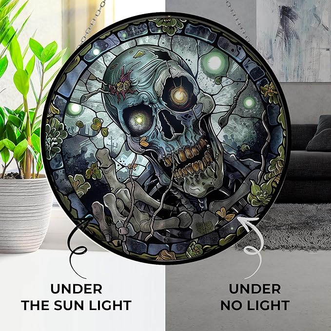 Skull Stained Glass Suncatcher Window Hanging, Gothic Dragon Christmas Ornaments for Fiction Lovers, Dinosaur Room Decor for Nursery New Home Gifts