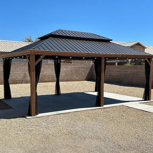 PURPLE LEAF 14' X 20' Outdoor Hardtop Gazebo for Patio Galvanized Steel Double Roof Permanent Canopy Teak Finish Coated Aluminum Frame Pavilion Gazebo with Netting and String Lights