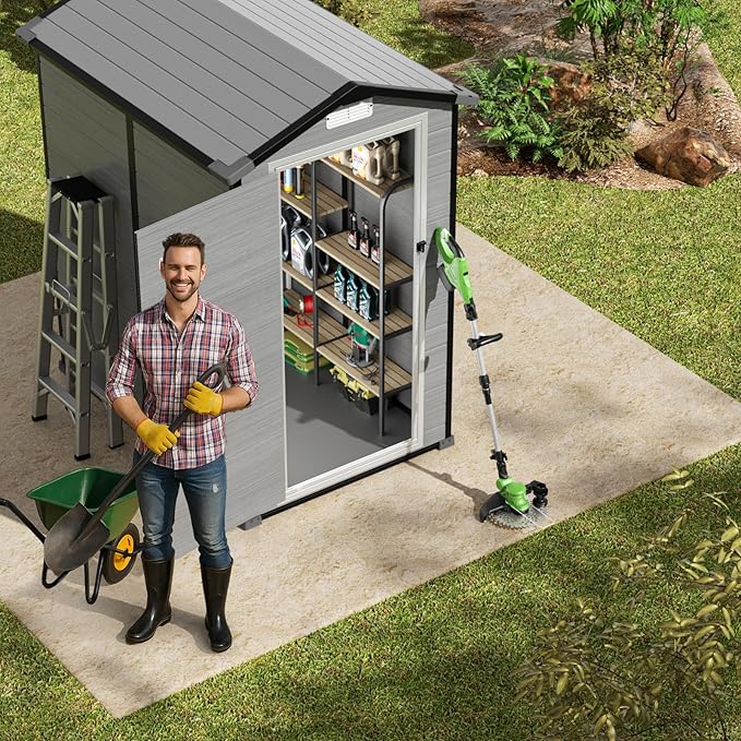 GVDV 4×6FT Outdoor Resin Plastic Storage Shed with Reinforced Floor, All-Weather Plastic Shed with Lockable Door, Window, Waterproof Tool Storage for Garden, Backyard, Patio