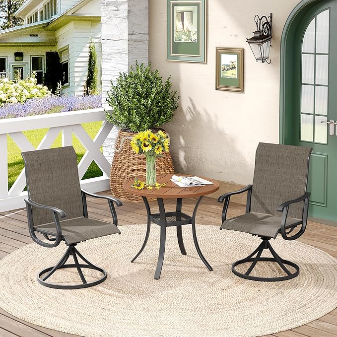 DIFY 3 Pieces Outdoor Patio Bistro Dining Set, 2 Brown Textilene Swivel Dining Chairs and 27.6" Walnut Small Round Dining Table, Outdoor Table and Chairs