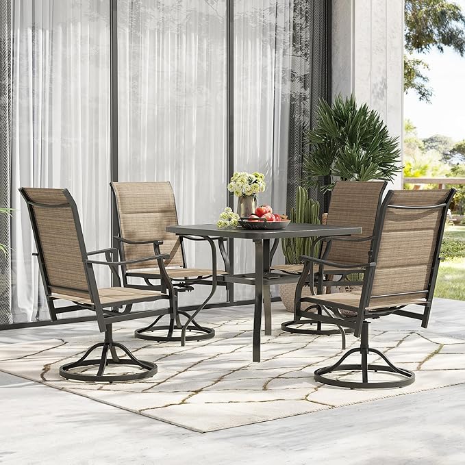 Swivel Patio Chairs Set of 6, Outdoor Patio Dining Chairs with Padded Textilene, Swivel & Rocker Metal Outdoor Dining Chairs All-Weather for Backyard, Brown Fabric with Black Frame