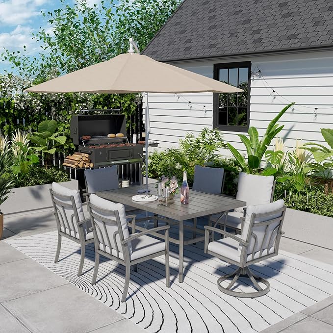 HAPPATIO 7-Piece Outdoor Dining Set - All Aluminum Patio Dining Set for 6 Includes 1 Rectangular Table, 4 Dining Chairs, and 2 Swivel Chairs with Cushions for Lawn, Garden