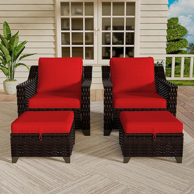 Vista Vibe 4 Pieces Outdoor Patio Conversation Furniture Set - 2 Luxurious Armchairs | 2 Wicker Ottomans, Removable Cushions, Hand-Woven PE Rattan, Office, Porch (Brown/Red)