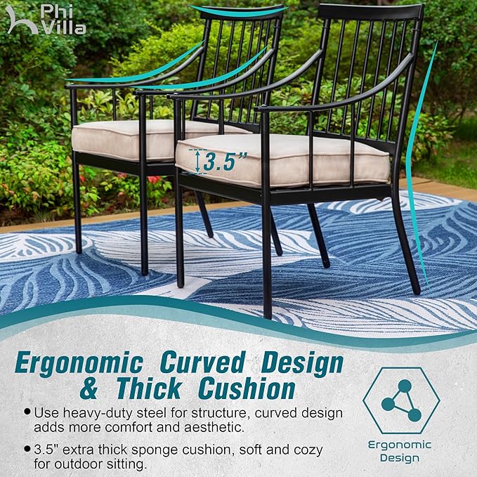 PHI VILLA 7 Piece Patio Dining Table Set with Cushion, Large Rectangular Metal Dining Table with Umbrella Hole & 6 Cushioned Iron Chairs for Outdoor, Deck, Yard
