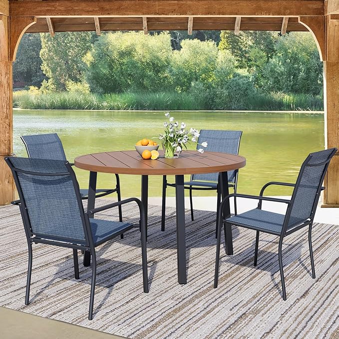 5 Pieces Round Dining Table Set for 4, Patio Dining Set Includes 4 Blue Stackable Patio Chairs and 1 Walnut Round Table, Patio Furniture Sets with Sling Support for Outside, Garden