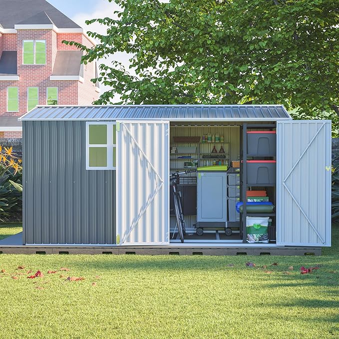8x12 FT Shed Outdoor Storage Metal Large Garden Tool Sheds with Lockable Doors Floor Frame Window Gable Roof Waterproof Steel Utility Equipment Sheds for Backyard Patio Lawn Poolside, Grey