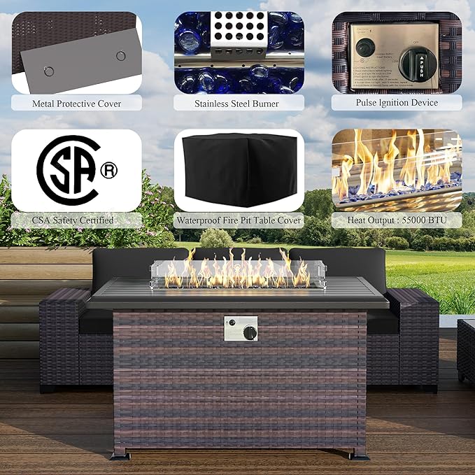 Outdoor Patio Furniture Set with Propane Fire Pit Table, 7 Pieces Outdoor Furniture Patio Sectional Sofa Conversation Sets w/ETL Approved 43" Gas Outdoor Fire Table & Coffee Table (Black)