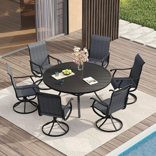 VICLLAX Patio Dining Set for 6, 7 Pieces Outdoor Furniture Includes 53" Round Patio Table with Umbrella Hole and 6 Outdoor Swivel Chairs for Lawn Garden, Black Tabletop and Dark Grey Fabric