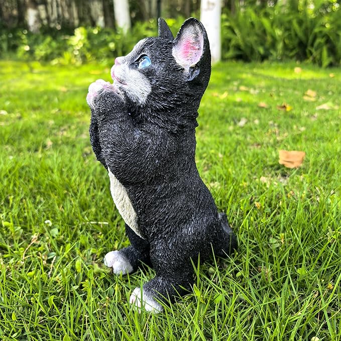 Playful Cat Statue Kitten Sculpture for Garden,Black & White Cat Figurine Decorative for Patio,Cute Outdoor Fairy Flower Bed Lawn Yard Ornament