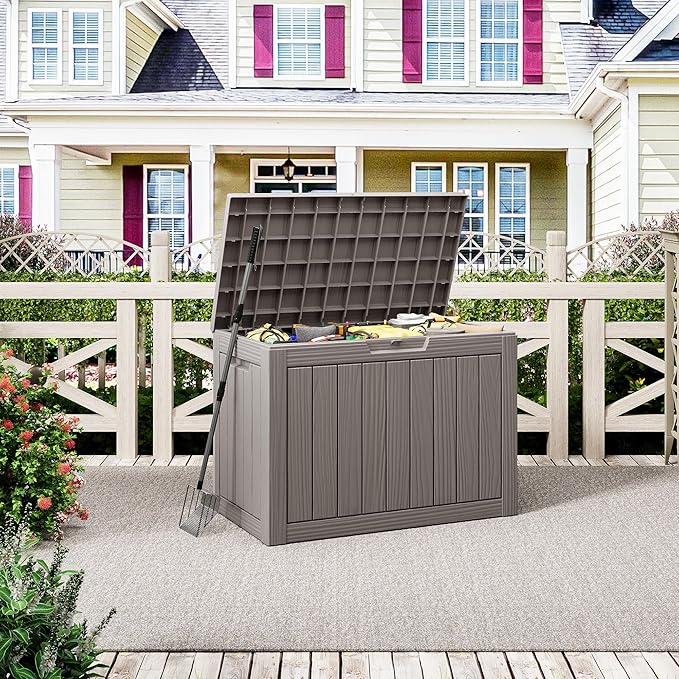 Outdoor Storage Box, 45 Gallon Outside Deck Box Waterproof,Resin Outdoor Storage Cabinet With Lockable Lid,Backyard Storage Bench For Garden Tools,Patio Cushions, Pool Tools, Package Delivery
