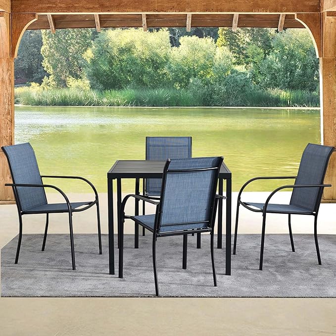 5 Pieces Round Dining Table Set for 4, Patio Dining Set Includes 4 Blue Stackable Patio Chairs and 1 Black Square Table, Patio Furniture Sets with Sling Support for Outside, Garden