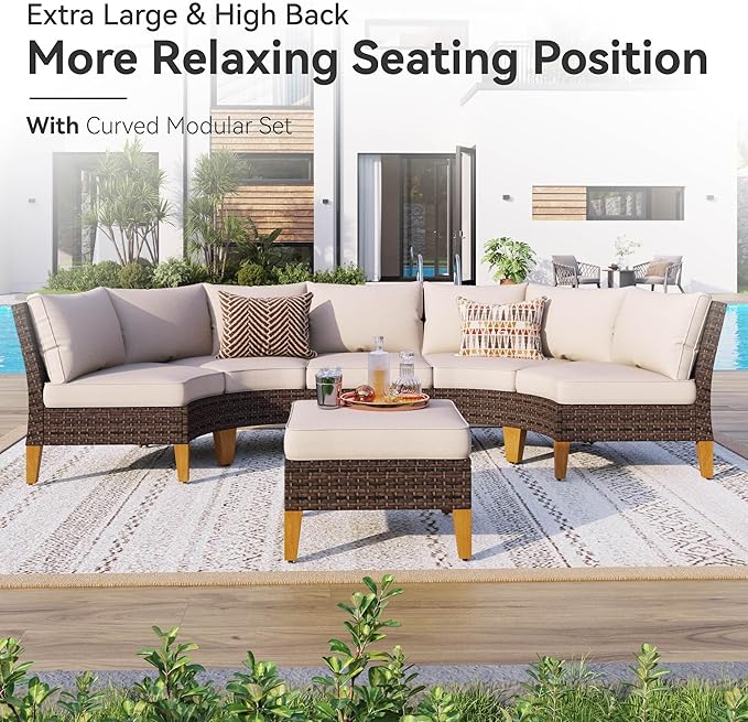 GREEN PARTY 7 Pieces Wicker Patio Furniture Set, All-Weather Outdoor Rattan Half-Moon Patio Curved Sectional Sofa Conversation Set for Garden, Backyard, 2 x Ottomans