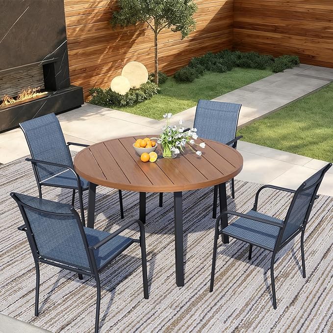 5 Pieces Round Dining Table Set for 4, Patio Dining Set Includes 4 Blue Stackable Patio Chairs and 1 Walnut Round Table, Patio Furniture Sets with Sling Support for Outside, Garden