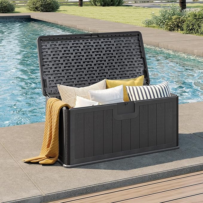 Tangkula 100 Gallon Outdoor Storage Box, Resin Outdoor Storage Bench with Lockable Lid, Waterproof Deck Box for Garden Tools, Pool Accessories, Cushions