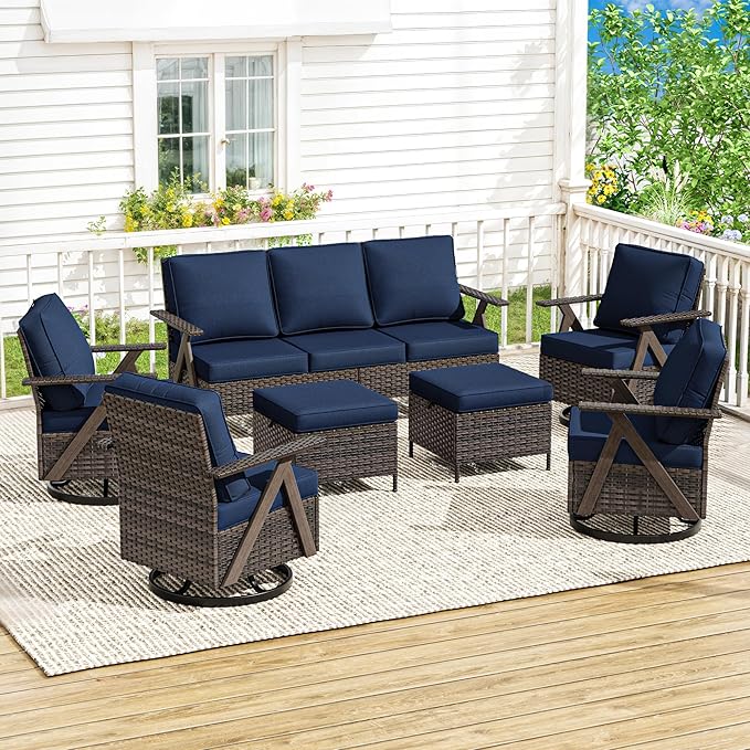 7 Pieces Patio Furniture Set,Outdoor Sofa & High Back Swivel Rocker Patio Chairs, Wicker Conversation Set with Ottoman for Deck Yard and Poolside