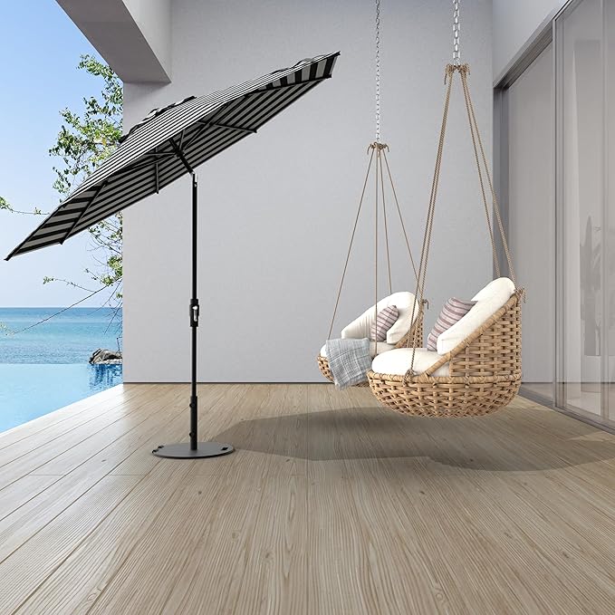 Midtown Umbrellas The Swilt 10 Feet Patio Umbrella in Sunbrella Black & White Acrylic Fabric - Fiberglass Ribs, Auto-Tilt Aluminum Frame For Backyard, Deck, Garden, Pool - White Pole