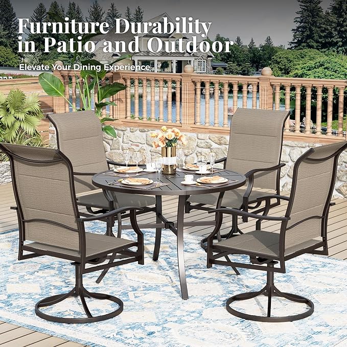 5 Pieces Patio Dining Set, Outdoor Table and Chairs, 4 x Textilene Swivel Dining Chairs and 42" Round Black Table, with 1.57" Umbrella Hole, for Cozy Garden Settings, Grayish Brown