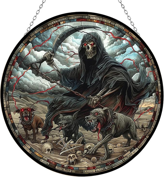 Pitbull Grim Reaper Suncatcher Indoor/Outdoor Stained Glass Window Hanging Handmade Stained Glass Suncatchers Decoration for Home Garden Christmas Party Wedding Housewarming Gifts