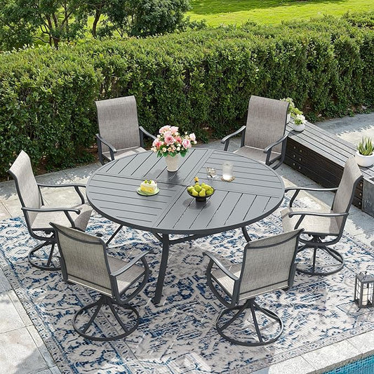 DIFY 7 Pieces Outdoor Patio Dining Set, 6 Grey Textilene Swivel Dining Chairs and 53.1" Grey Round Metal Dining Table, Outdoor Table and Chairs
