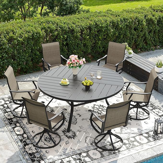 DIFY 7 Pieces Outdoor Patio Dining Set, 6 Brown Textilene Swivel Dining Chairs and 53.1" Black Round Metal Dining Table, Outdoor Table and Chairs