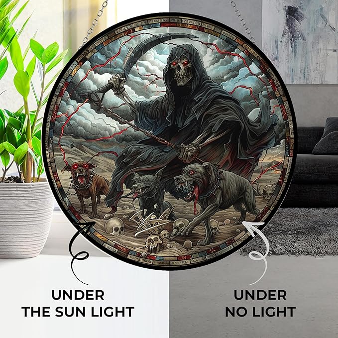 Pitbull Grim Reaper Suncatcher Indoor/Outdoor Stained Glass Window Hanging Handmade Stained Glass Suncatchers Decoration for Home Garden Christmas Party Wedding Housewarming Gifts