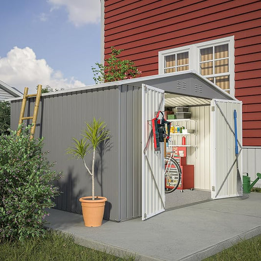 10X8 FT Outdoor Storage Shed, All Weather Metal Sheds withLockable Doors, Tool Shed for Garden, Patio, Backyard, Lawn, Silver Gray