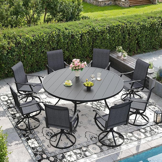 DIFY 9 Pieces Outdoor Patio Dining Set, 8 Dark Grey Textilene Swivel Dining Chairs and 60" Black Round Metal Dining Table, Outdoor Table and Chairs