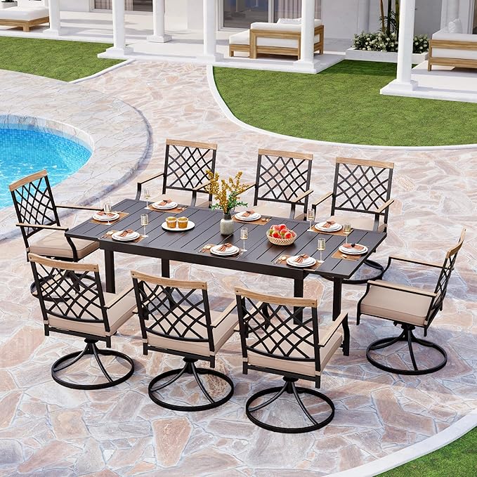 PHI VILLA 9 Pieces Outdoor Dining Set, Expandable Metal Table (64"-82") and 8 Swivel Dining Chairs – Perfect for Patio, Garden, Deck, Porch, and Yard, 9PCS Outdoor Dining Set Style 3