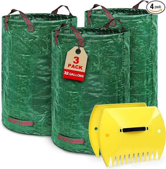 3-Pack 32 Gallon Yard Waste Bags with Leaf Scoop — Collapsible, Stand-Open Garden Bags with Reinforced Handles, Heavy-Duty Reusable Lawn Containers for Leaves, Weeds & Debris