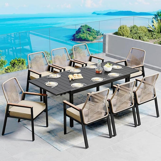 9 Pieces Patio Dining Set, 8 x Woven Rattan Chairs with Waterproof Cushion, 84" Extendable Rectangular Dining Table, Outdoor Table and Chairs Set for Backyard Lawn and Deck, Beige