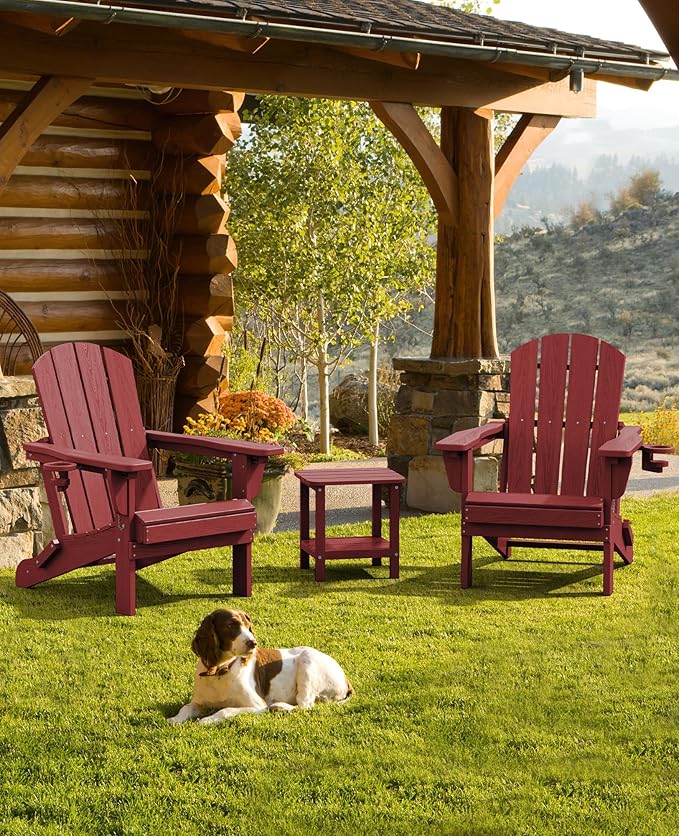 SERWALL Adjustable Folding Adirondack Chair, Reclining Adirondack Chair with Cup Holder, Red
