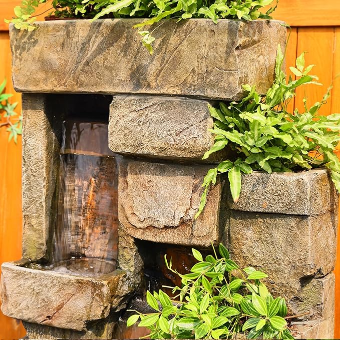 Garden Outdoor Water Fountain, 56.3" H 3-Tiered Imitation Rock Waterfall Fountain with LED Lights and Pumps for Garden, Patio, Backyard, Deck, Porch and Home Art Decor