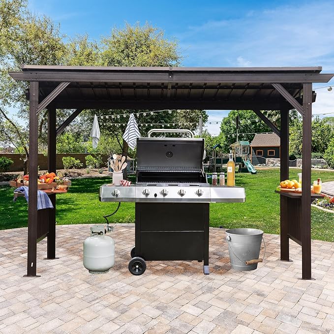 Domi 6.5x12FT Hardtop Grill Gazebo, Outdoor BBQ Gazebo with 2 Side Shelves and Ceiling Hook, Outdoor Grill Canopy with Galvanized Steel Slope Roof for Patio Lawn Backyard Deck, Brown