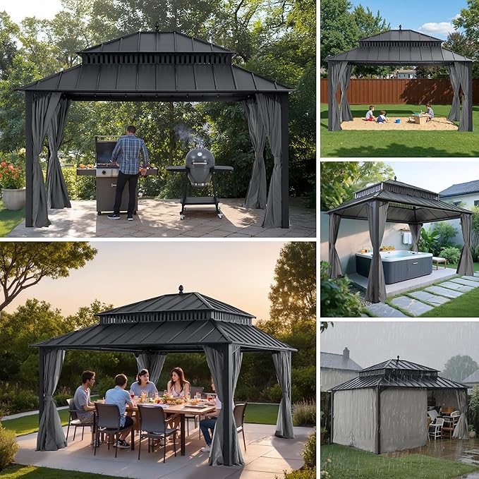 SUNJOY Kingston 14' x 12' Hardtop Gazebo with Galvanized Steel Double Roof, Curtain and Netting, Gray Aluminum Posts Permanent Pavilion Gazebo for Garden, Patio, Deck, Lawn
