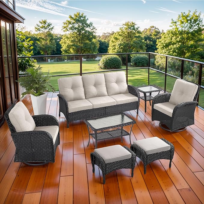 7 Piece Patio Furniture Set - Wicker Patio Conversation Set with Swivel Glider, 3 Seat Sofa, 2 Ottomans, Glass Side Table and Coffee Table for Deck Backyard - Black Wicker Beige Cushion