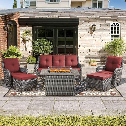 Wicker Outdoor Conversation Se with 50,000 BTU Gas Propane Fire Pit Tablet-6 Pieces Outdoor Wicker High Back Couch Patio Furniture for Deck Poolside Backyard