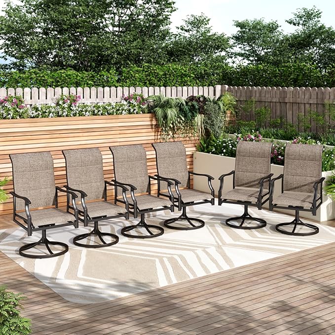 PHI VILLA Swivel Patio Dining Chair with 42" High Back, Padded Textilene Deep Seating Outdoor Chairs with Armrest & E-Coating Frame, All Weather-Resistant for Deck Lawn Garden, Set of 6