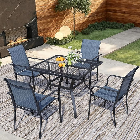 5 Pieces Sqaure Dining Table Set for 4, Patio Dining Set Includes 4 Blue Stackable Patio Chairs and 1 Black Mesh Square Table, Patio Furniture Sets with Sling Support for Outside, Garden