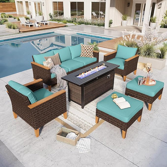 GREEN PARTY 7 Pieces Wicker Patio Furniture Set with 56" Fire Pit Table, All-Weather Outdoor Rattan Patio Sectional Sofa Conversation Set 7 Seats with 4" Thick Cushions for Garden, Backyard (Blue)