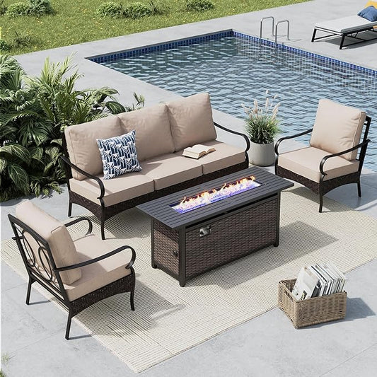 MFSTUDIO 4 Pieces Outdoor Patio Furniture Set, Metal Outdoor Conversation Set, Rattan Wicker Patio Sectional Set with 2 x Fixed Single Sofa, 3-Seat Sofa, 1 x Fire Pit Table, Beige