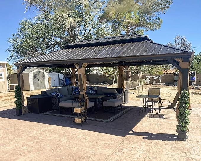 PURPLE LEAF 13' X 20' Outdoor Hardtop Gazebo Patio Wide Aluminum Frame Galvanized Steel Double Roof with Heavy Duty Netting and Curtains for Permanent Hard Top Pavilion Screen,Khaki