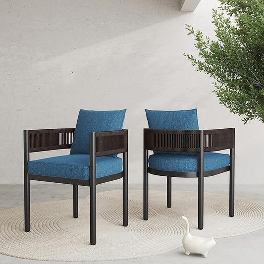 Grand patio Outdoor Dining Chair Set of 2, 2 Pieces Patio Dining Chairs, Metal Woven Wicker Fixed Patio Chairs with Peacock Blue Cushions for Backyard, Deck, Garden, Porch, Lawn and Poolside (Brown)