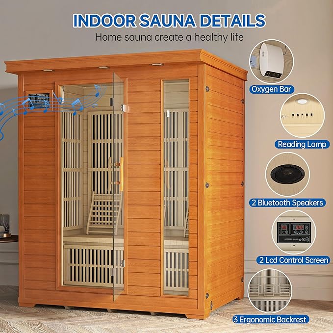 3 Person Infrared Sauna, Indoor Far Infrared Saunas for Home, 2240W Low EMF Canadian Hemlock Wooden Dry Sauna Room with 7 Chromotherapy Lamp, Bluetooth Speakers, 20 Amps