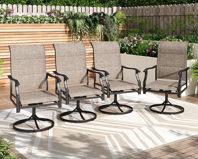 PHI VILLA Swivel Patio Dining Chair with 42" High Back, Padded Textilene Deep Seating Outdoor Chairs with Armrest & E-Coating Frame, All Weather-Resistant for Deck Lawn Garden, Set of 4
